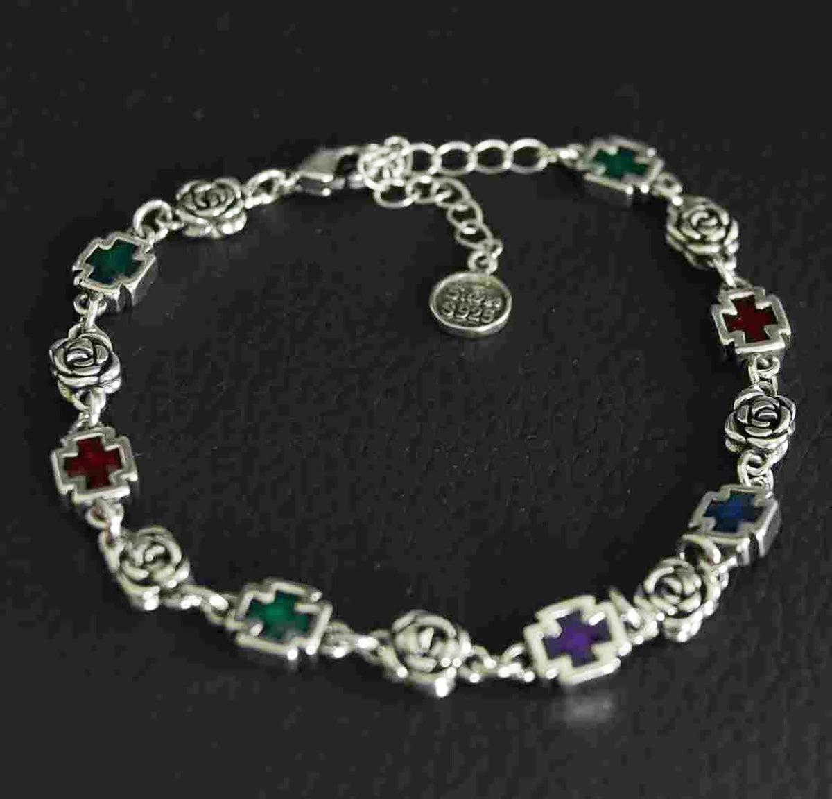 Blooming Grace – Colorful Floral Sterling Silver Bracelet- Platinum-Look Finish
