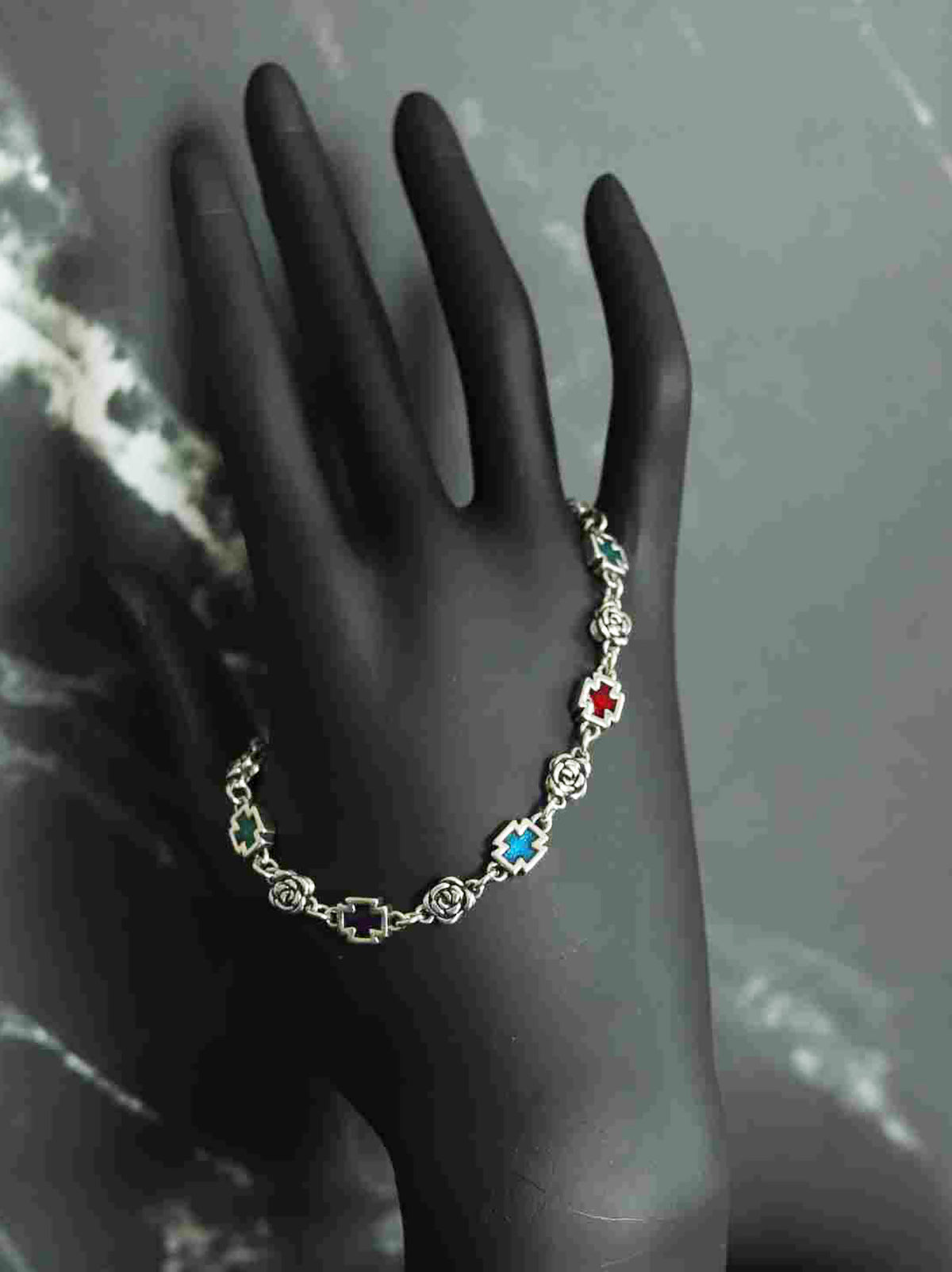 Blooming Grace – Colorful Floral Sterling Silver Bracelet- Platinum-Look Finish