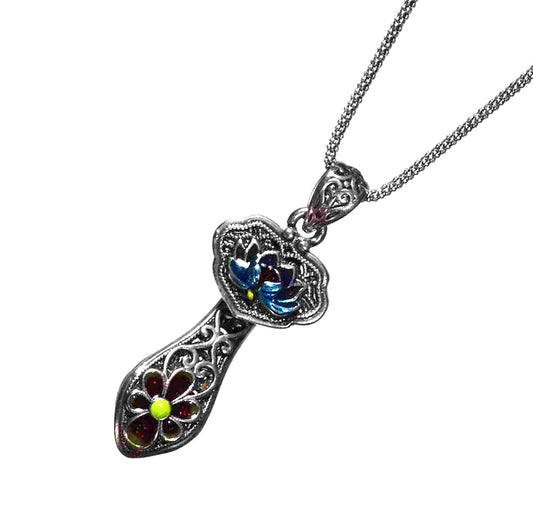 Blossom of Eternity Sterling Silver Enamel Lotus Pendant - 20 inches