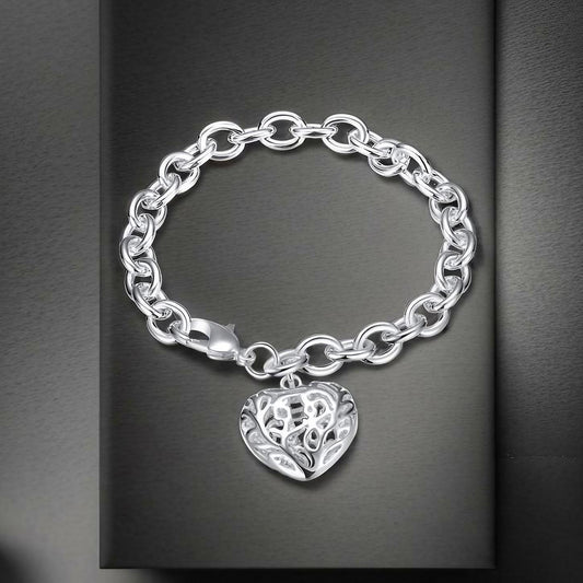 Classic Sterling Silver Charm Bracelet with Elegant Filigree Heart Charm