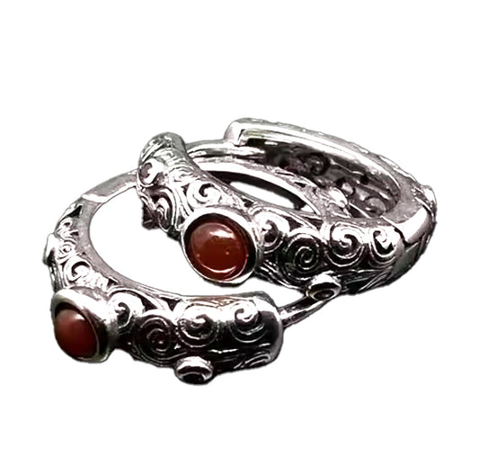 Classy Sterling Silver 15.5mm Hoop Earrings with Intricate Detailing and Bold Red Stone