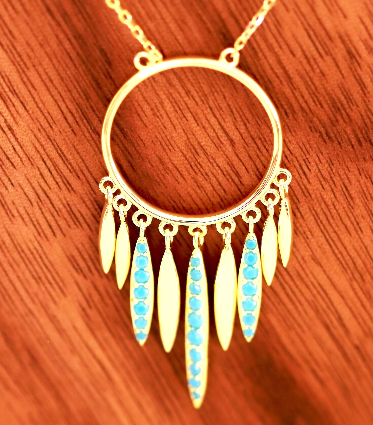 14KT Gold Plated Sterling Silver Necklace with Turquoise CZ Embedded on Hanging Feathers 18" Long