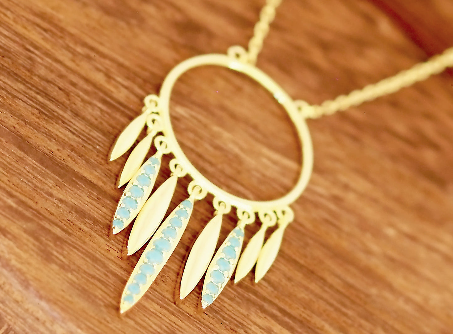 14KT Gold Plated Sterling Silver Necklace with Turquoise CZ Embedded on Hanging Feathers 18" Long