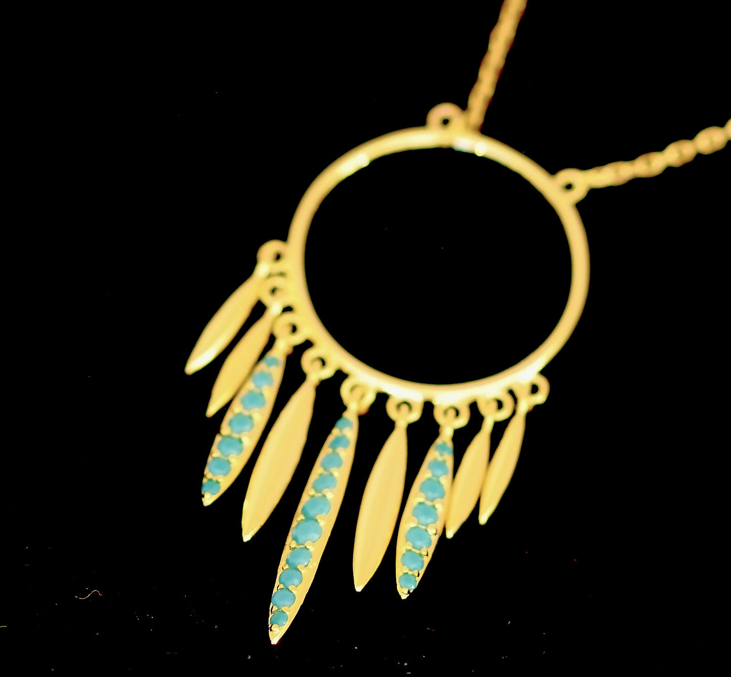 14KT Gold Plated Sterling Silver Necklace with Turquoise CZ Embedded on Hanging Feathers 18" Long