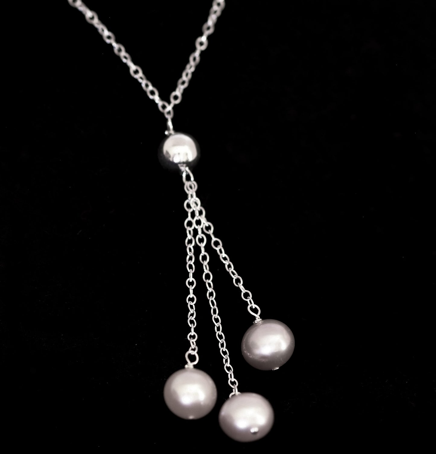 Exquisitely Designed Sterling Silver 3 Cultured Fresh Water Pearl Lariat Necklace18" Long