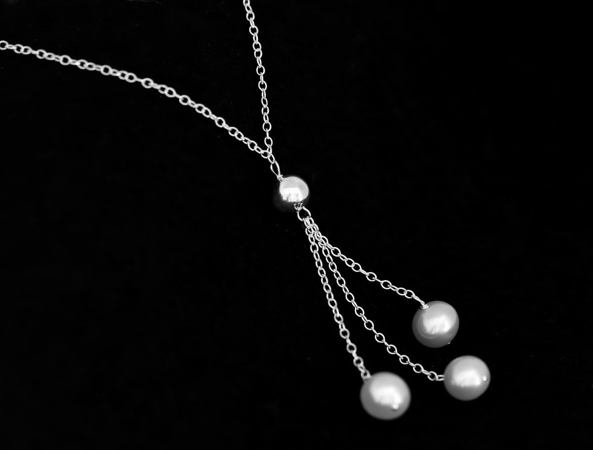 Exquisitely Designed Sterling Silver 3 Cultured Fresh Water Pearl Lariat Necklace18" Long