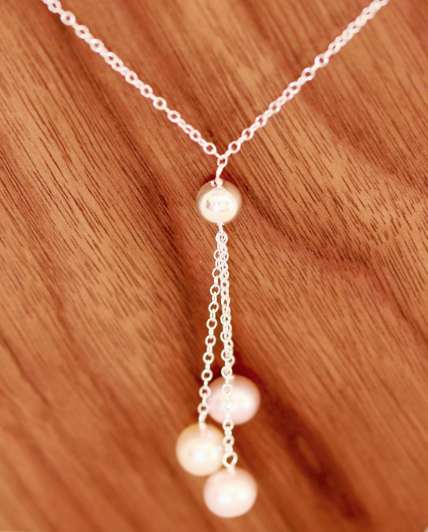 Exquisitely Designed Sterling Silver 3 Cultured Fresh Water Pearl Lariat Necklace18" Long