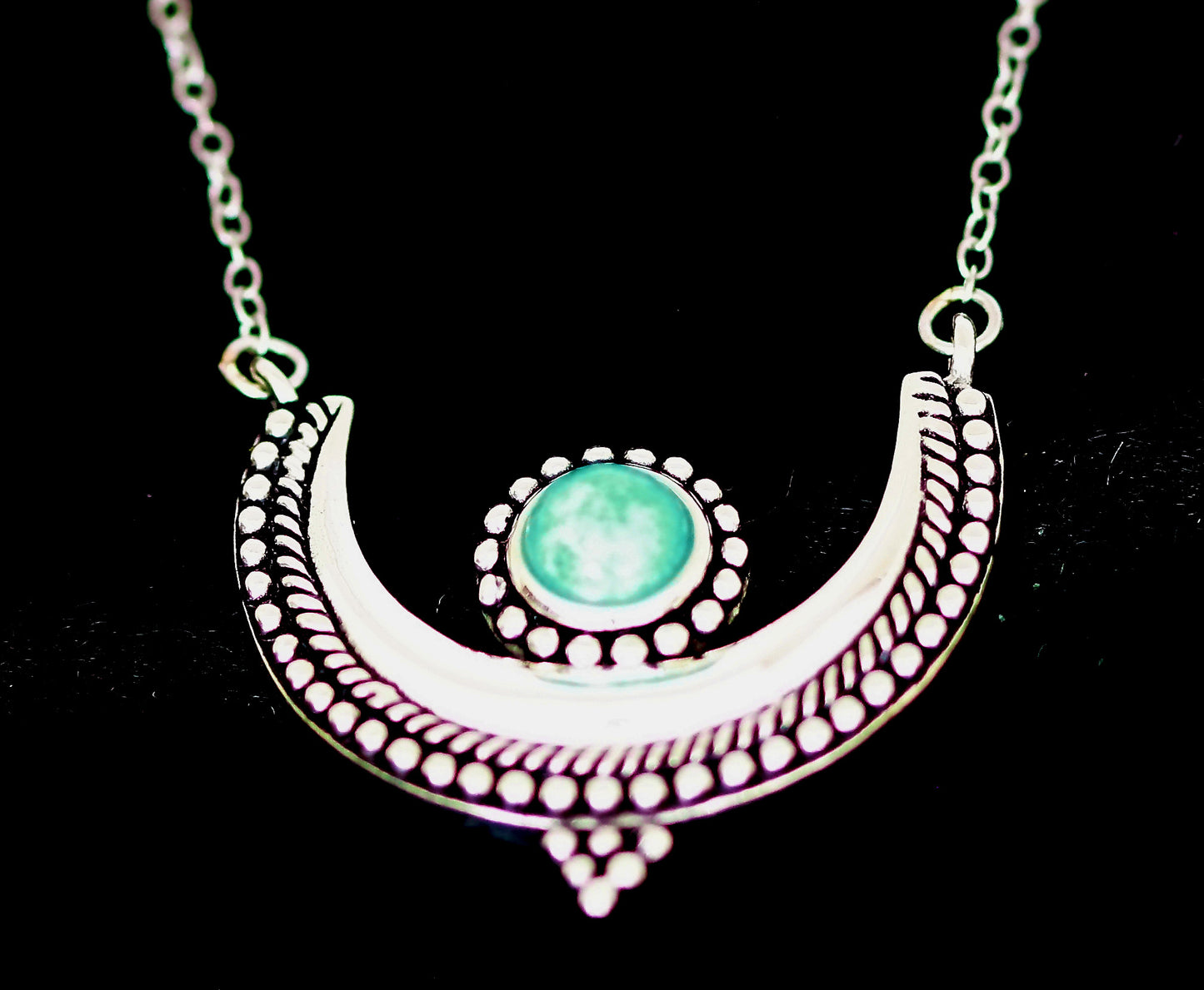 Exquisitely Designed Crescent Shaped Sterling Silver 18" Necklace with Natural Round Turquoise