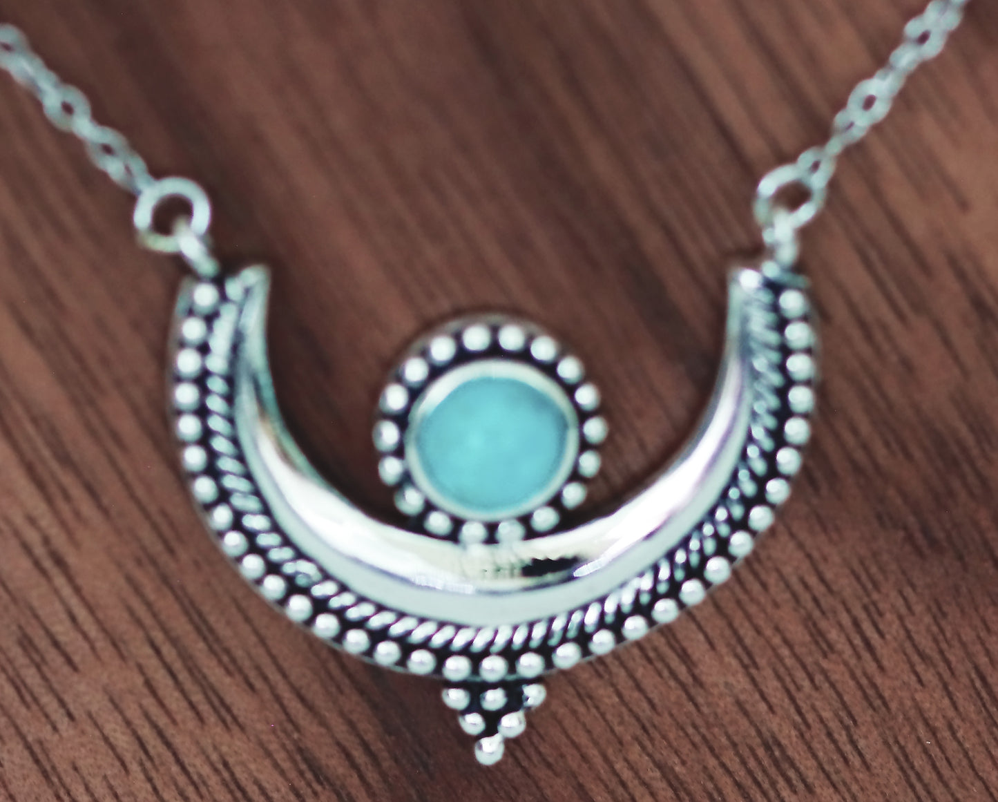 Exquisitely Designed Crescent Shaped Sterling Silver 18" Necklace with Natural Round Turquoise