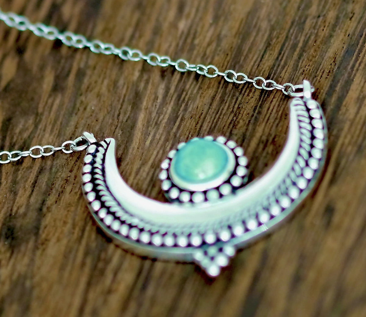 Exquisitely Designed Crescent Shaped Sterling Silver 18" Necklace with Natural Round Turquoise