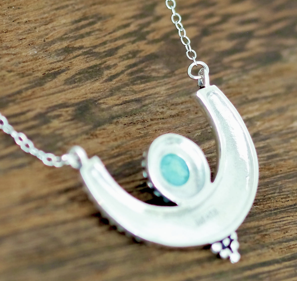 Exquisitely Designed Crescent Shaped Sterling Silver 18" Necklace with Natural Round Turquoise
