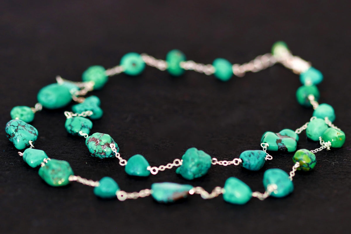 Elegantly Designed Sterling Silver 2 Strand Graduated Natural Turquoise Nugget Necklace 18"