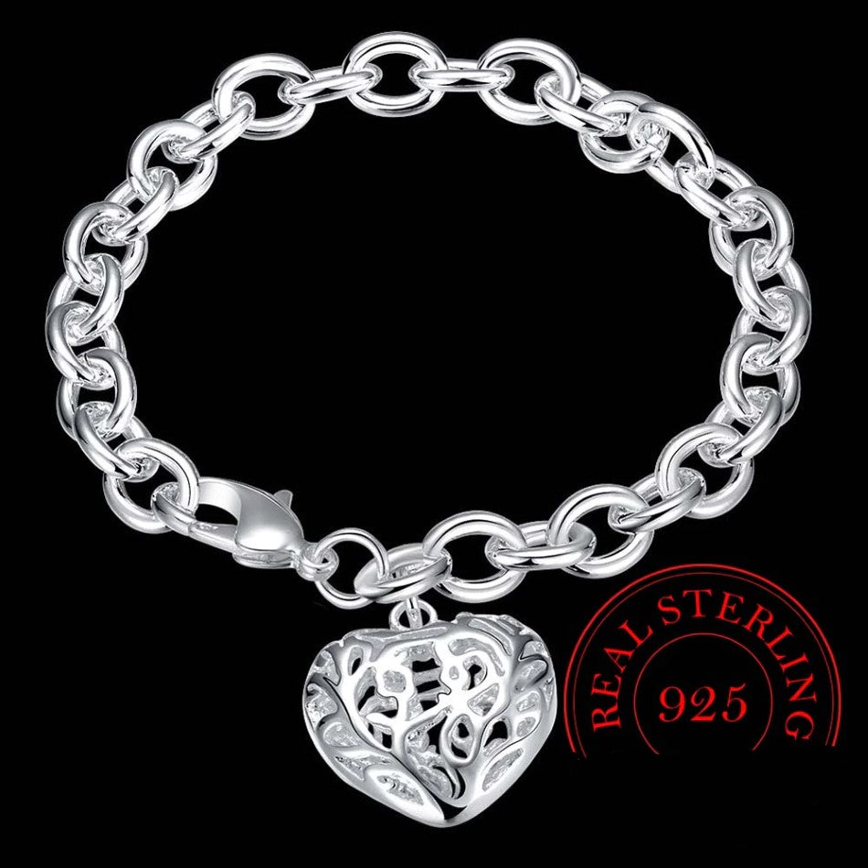 Classic Sterling Silver Charm Bracelet with Elegant Filigree Heart Charm