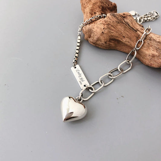 Vintage Rhodium Silver Anklet with ID Tag &amp; Engraved Heart Charm