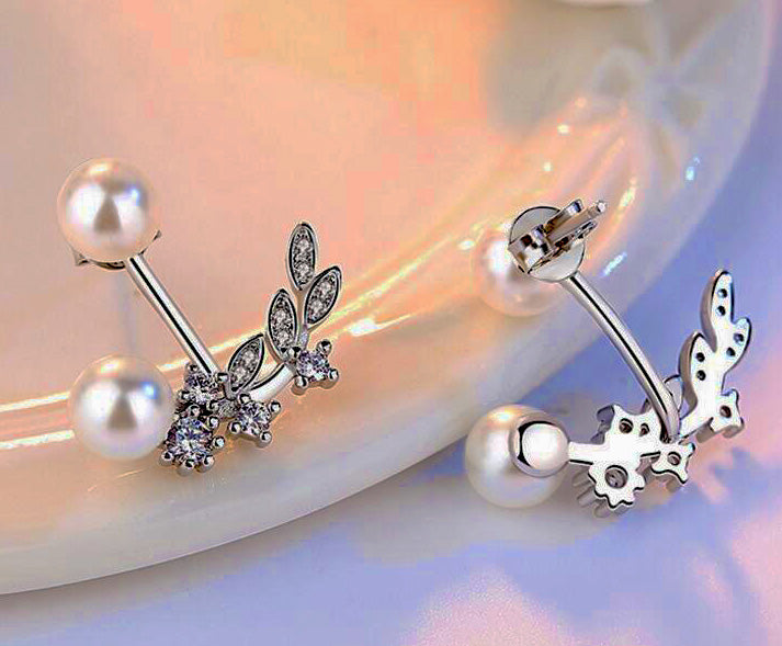 Exquisite Sterling Silver Pearl Earrings and Pearl and CZ Ear Jacket Set