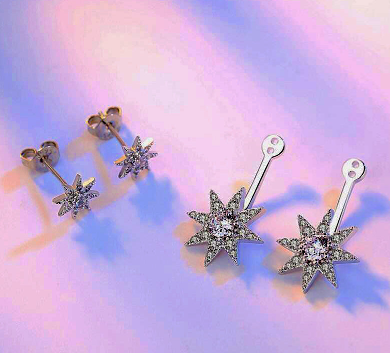 Exquisitely Designed Star Shaped Sterling Silver CZ Earring and Ear Jacket Set