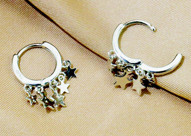 Elegantly Designed Rhodium Finish Sterling Silver Hoop Earrings with Hanging Stars