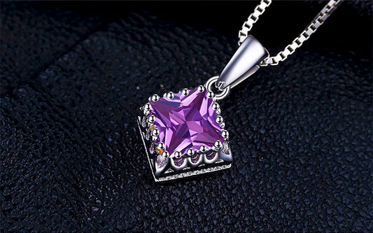 Sterling Silver Square Shaped Lab Created Alexandrite Sapphire Solitaire Pendant Set in Exquisite Sterling Silver Setting on 18" Box Chain. Origin of Stone Switzerland