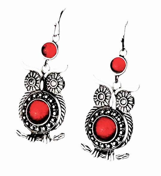 Meticulously Crafted Sterling Silver Adoreable Owl Earrings with Synthetic Ruby Gemstones