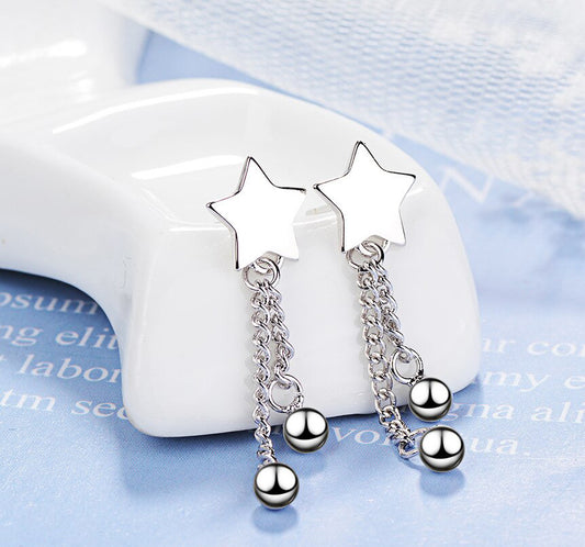 Trendy Sterling Silver Dangling Earrings with Star Ear Studs and Hanging Chain with Beads