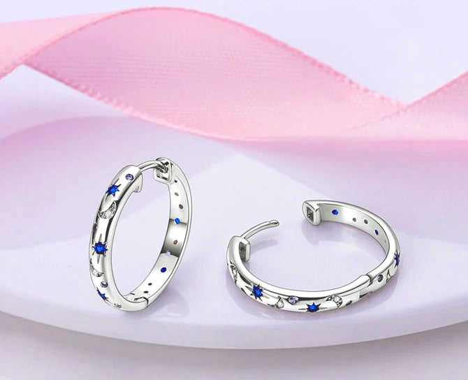 Elegantly Styled Sterling Silver Hoop Earrings with White &amp; Blue CZ Stones 21.0mm Round Hoop and 3.25mm wide