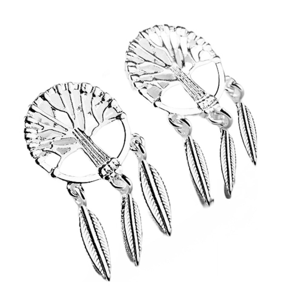 Sterling Silver Tree of Life Earrings with Dream Catcher Style Hanging Leaves