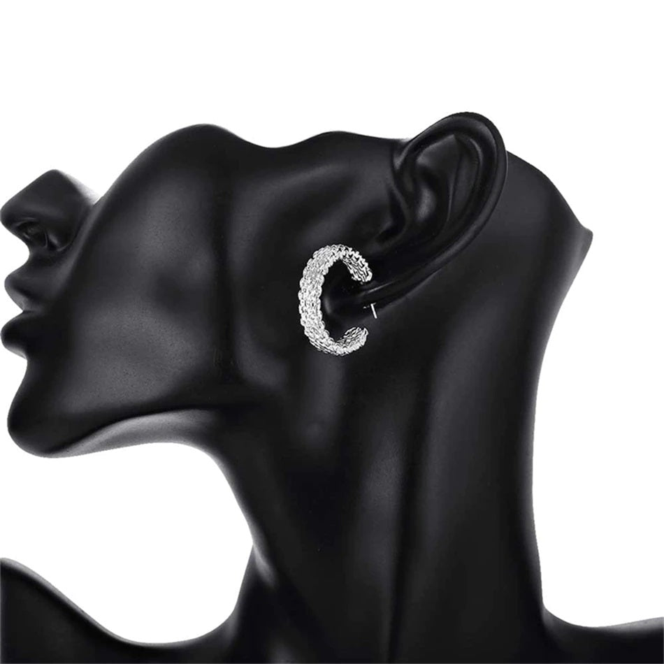 New Sterling Silver Elegantly Mesh Designed Hoop Earrings 26.5mm Round with Straight Silver Ear post.