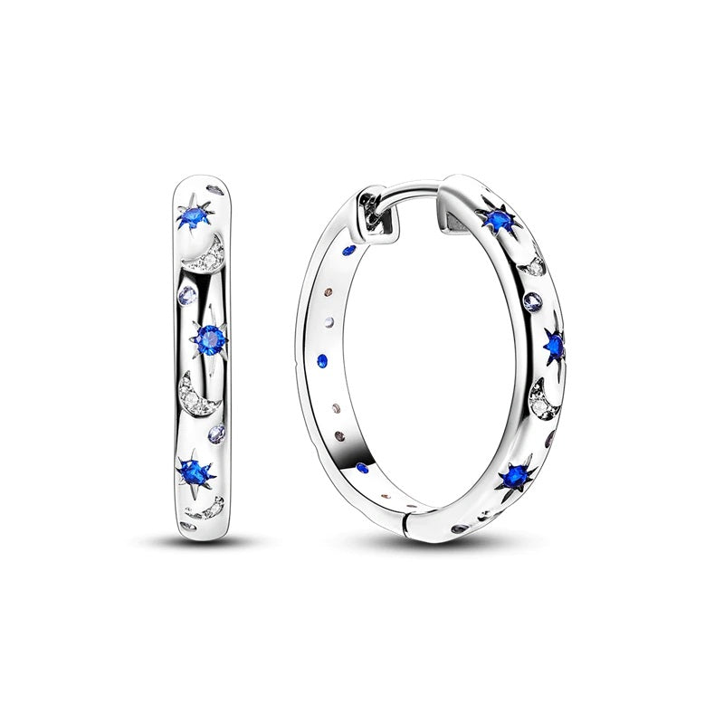 Elegantly Styled Sterling Silver Hoop Earrings with White &amp; Blue CZ Stones 21.0mm Round Hoop and 3.25mm wide