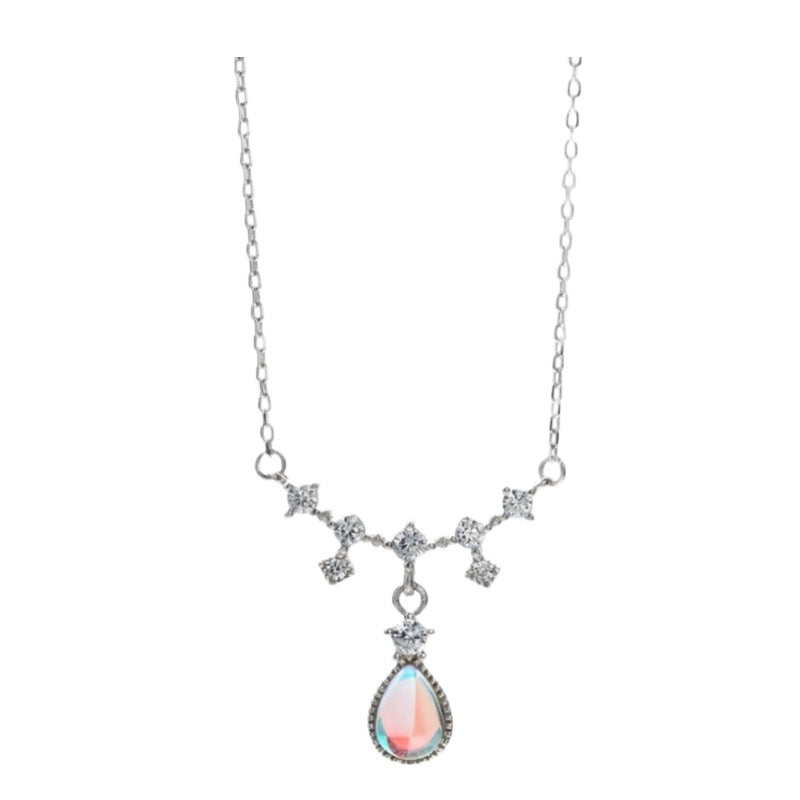 Classy Dainty Tear Drop Moonstone &amp; CZ Sterling Silver Pendant on 18-inch Adjustable Necklace.