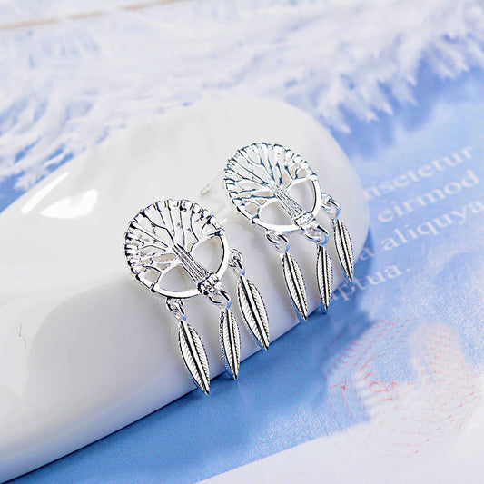 Sterling Silver Tree of Life Earrings with Dream Catcher Style Hanging Leaves