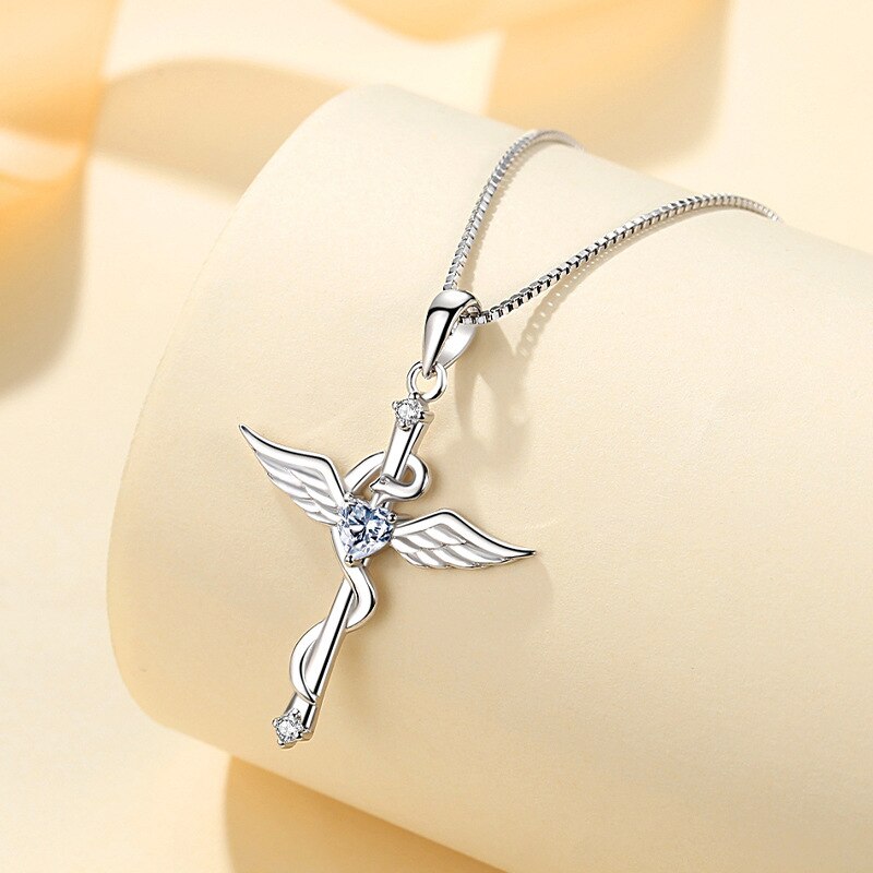 Elegant Sterling Silver Angel Wings Pendant with Sparkling Cubic Zirconia