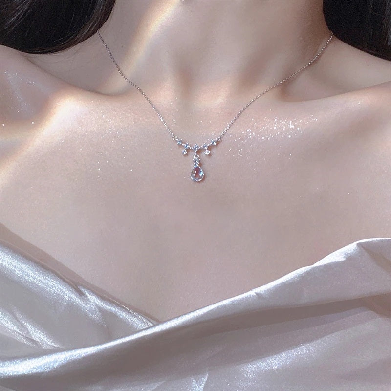 Classy Dainty Tear Drop Moonstone &amp; CZ Sterling Silver Pendant on 18-inch Adjustable Necklace.