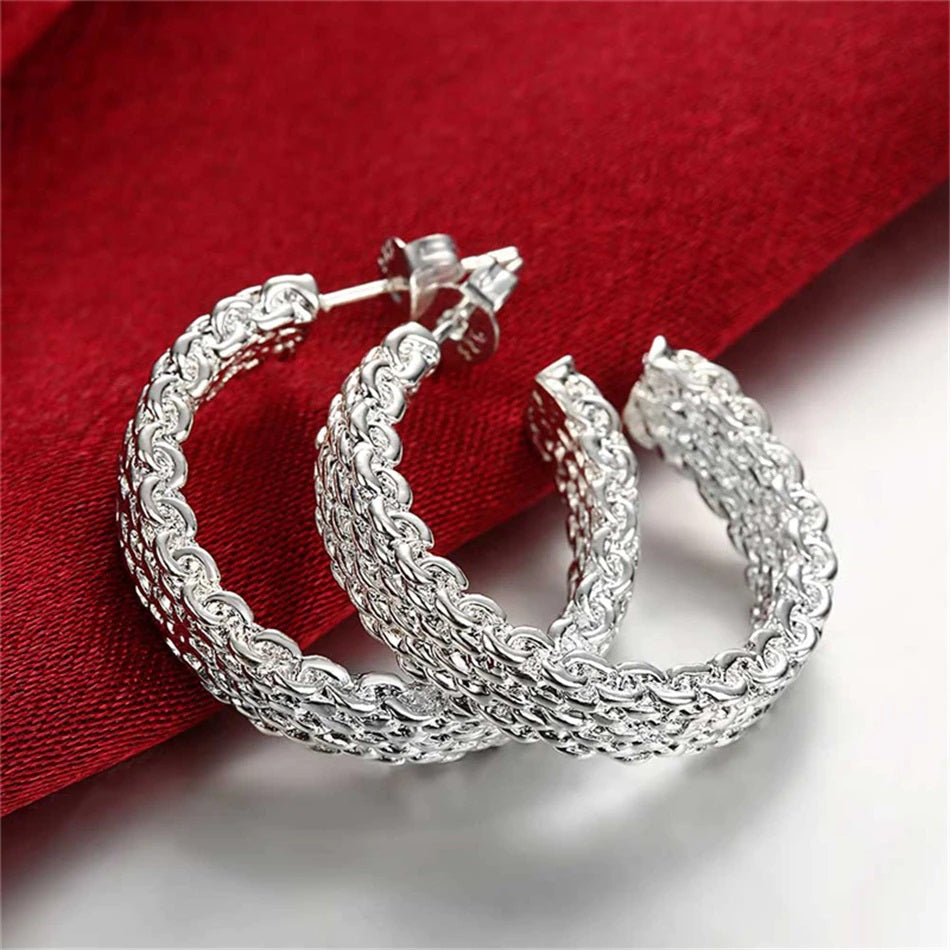 New Sterling Silver Elegantly Mesh Designed Hoop Earrings 26.5mm Round with Straight Silver Ear post.