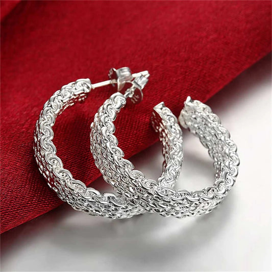 New Sterling Silver Elegantly Mesh Designed Hoop Earrings 26.5mm Round with Straight Silver Ear post.