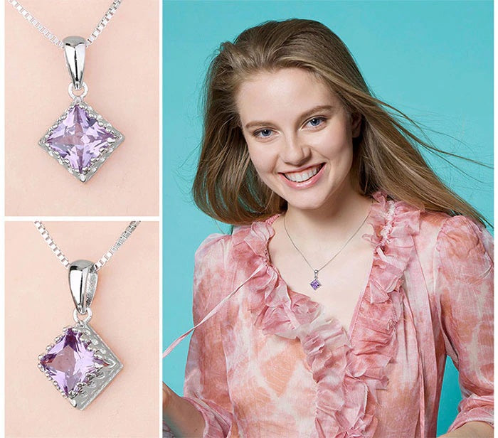 Sterling Silver Square Shaped Lab Created Alexandrite Sapphire Solitaire Pendant Set in Exquisite Sterling Silver Setting on 18" Box Chain. Origin of Stone Switzerland