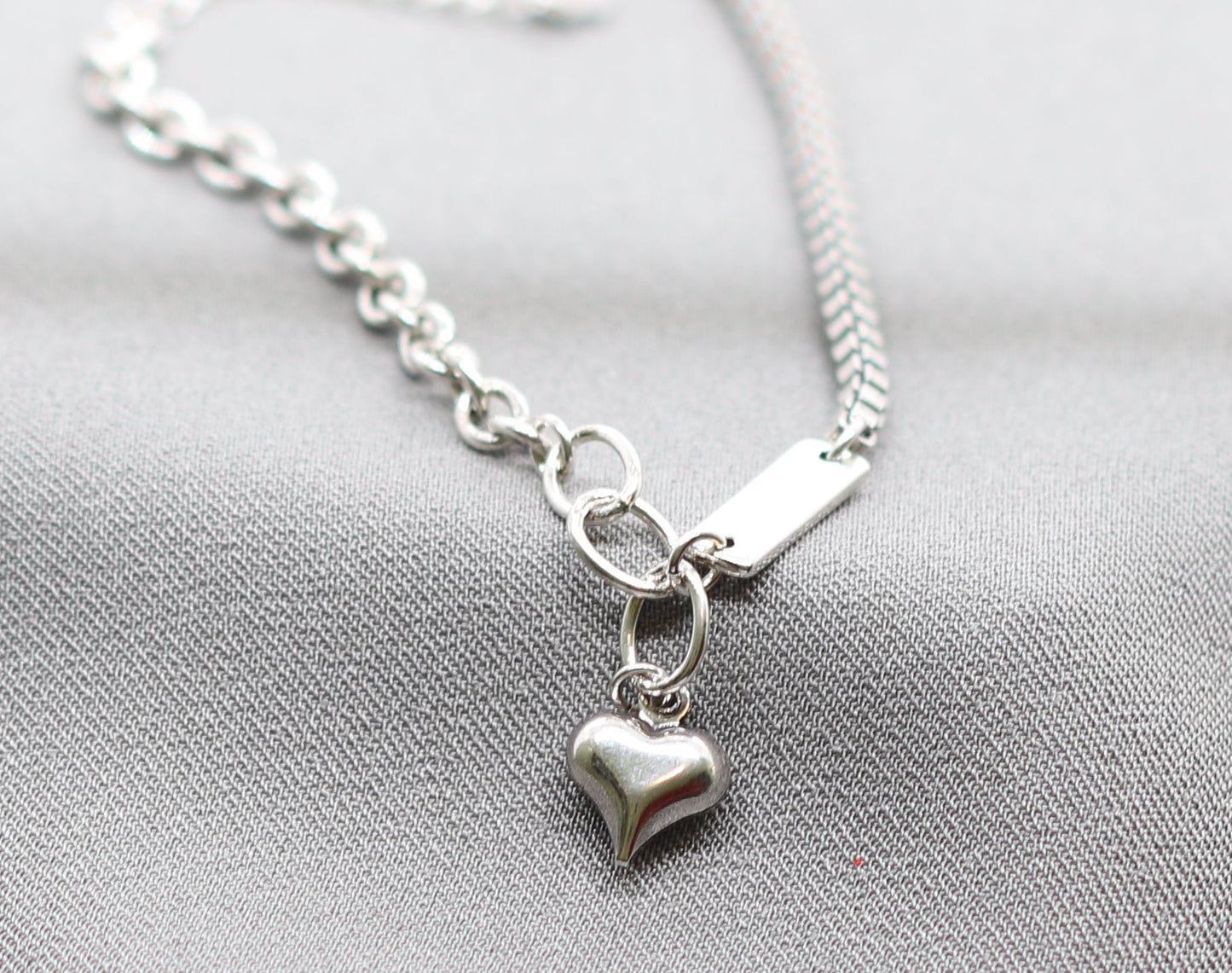 Vintage Rhodium Silver Anklet with ID Tag &amp; Engraved Heart Charm