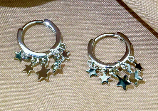 Elegantly Designed Rhodium Finish Sterling Silver Hoop Earrings with Hanging Stars