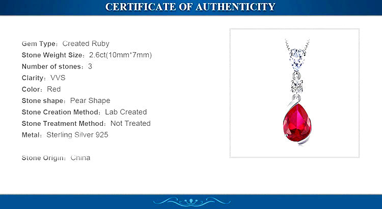 Sterling Silver Pear Shaped Ruby Lab Created Non-Treated Accented with Two Round Cubic Zirconia Stones on 18" Box Chain. Origin of Stone China