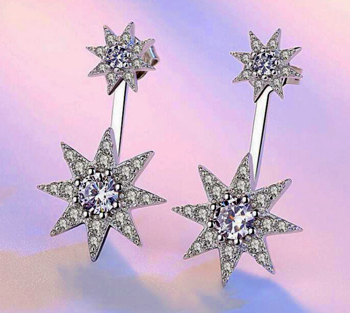 Exquisitely Designed Star Shaped Sterling Silver CZ Earring and Ear Jacket Set