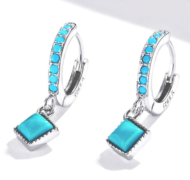 Elegantly Designed Bohemian Style Sterling Silver Earrings with Dangling Natural Turquoise Stone