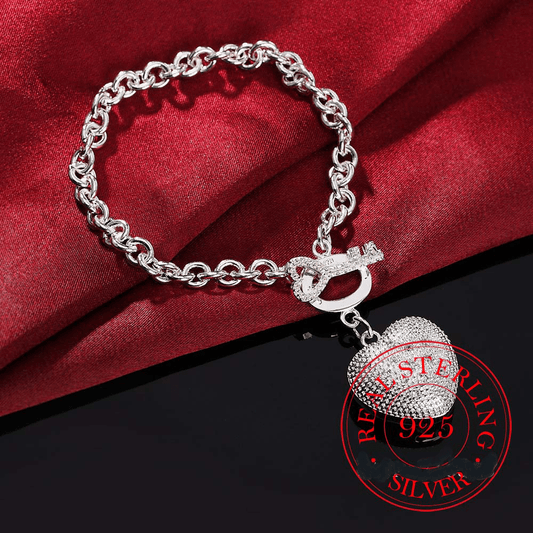 Key to My Heart Sterling Silver Puffed Heart Bracelet with Cut-Out Hearts & Florentine Finish
