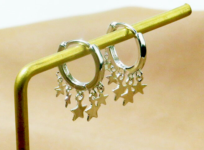 Elegantly Designed Rhodium Finish Sterling Silver Hoop Earrings with Hanging Stars