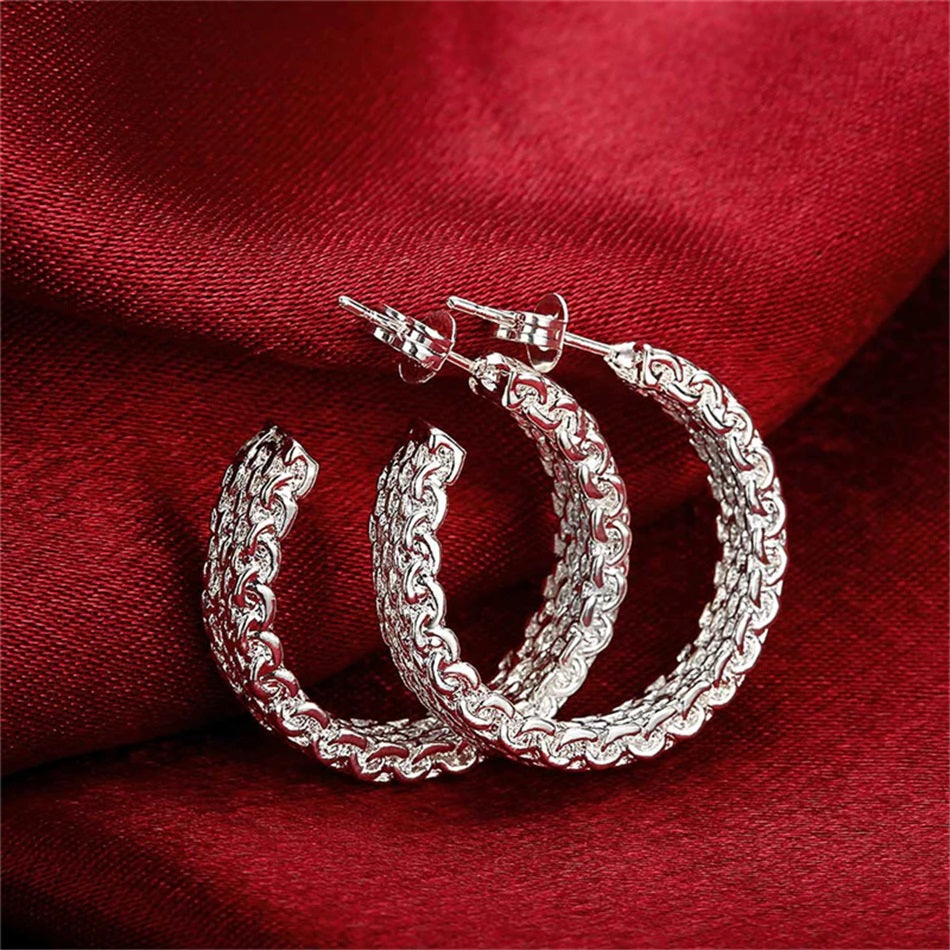 New Sterling Silver Elegantly Mesh Designed Hoop Earrings 26.5mm Round with Straight Silver Ear post.
