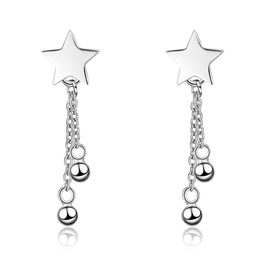 Trendy Sterling Silver Dangling Earrings with Star Ear Studs and Hanging Chain with Beads