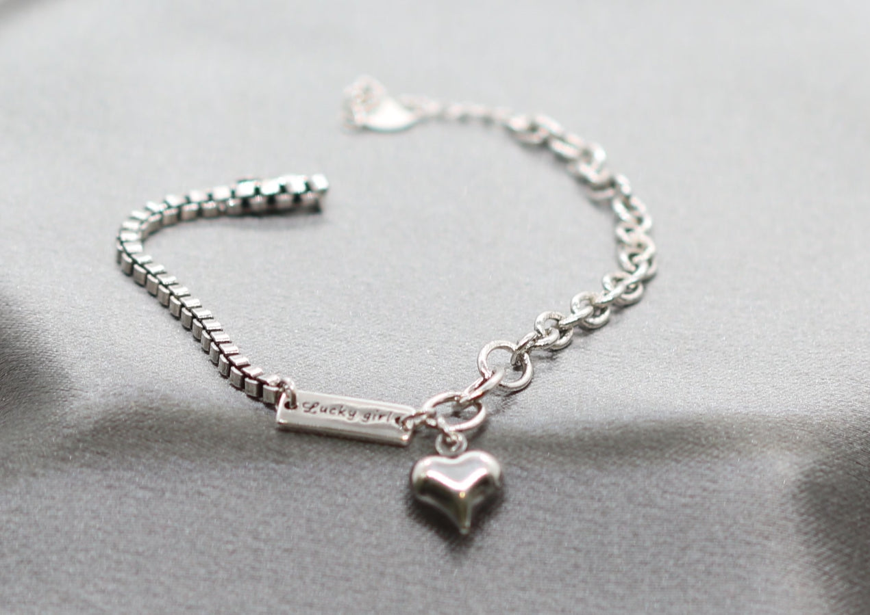 Vintage Rhodium Silver Anklet with ID Tag &amp; Engraved Heart Charm