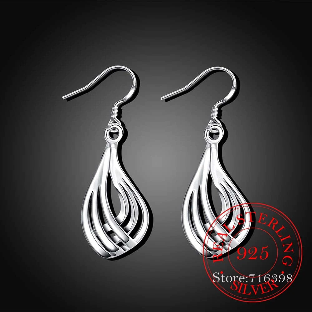 Exquisite Sterling Silver 3 Line Ripple Water Drop Vintage Dangle Earrings